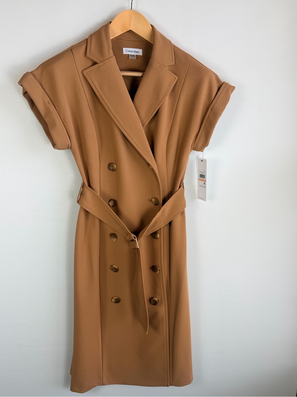 Calvin Klein NWT Size 2 Camel Double Breasted Belted Trench Dress